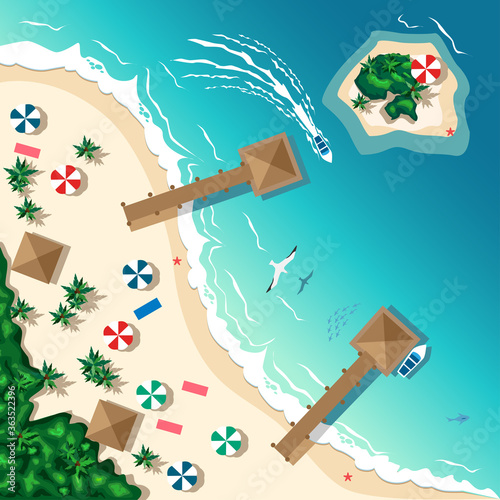 Aerial view of a tropical beach and islands. Summer travel. Vector illustration.