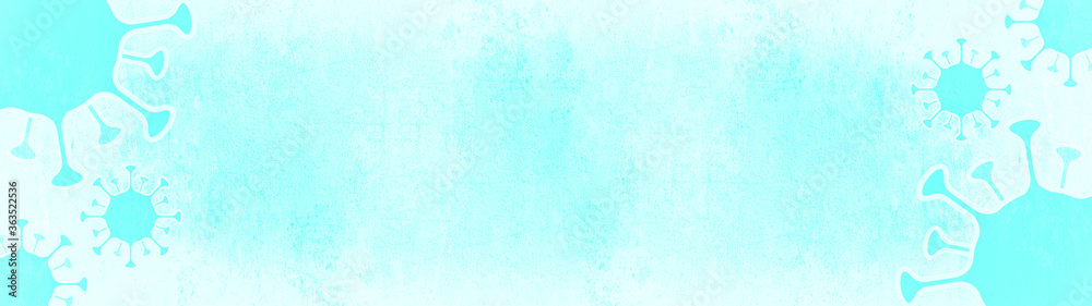 CORONAVIRUS - Aquamarine turquoise cartoon virus isolated on turquoise white abstract bright rustic texture background banner, top view with space for text