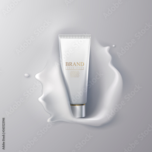 White cosmetic tube template on white liquid background