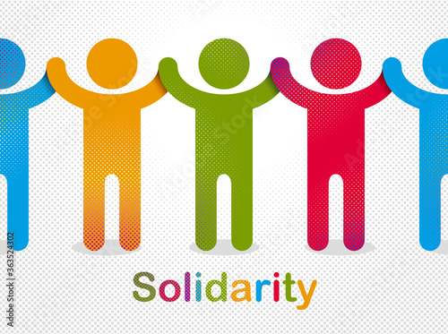 Worldwide people global society concept, different races solidarity, we stand as one, togetherness and friendship allegory, world unity cooperation, vector illustration logo or icon.