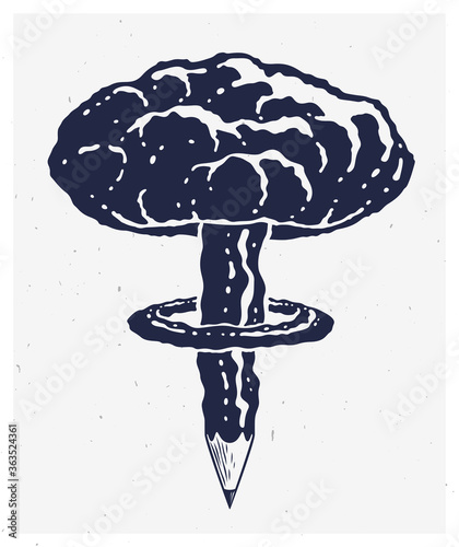 Pencil with nuclear explosion mushroom shape, creative explosion or energy concept, exploding creativity, vector conceptual logo or icon.