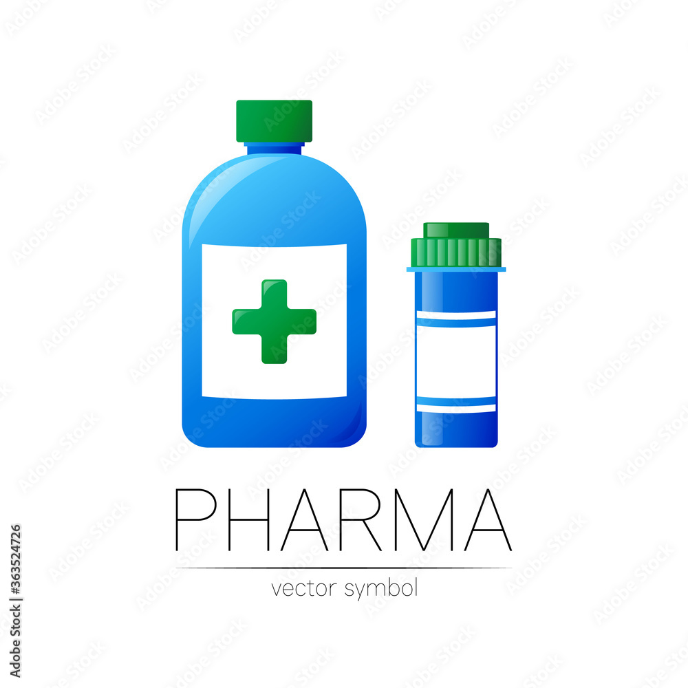 Pharmacy vector symbol with 2 blue pill bottles and cross for pharmacist, pharma store, doctor and medicine. Modern design vector logo on white background. Pharmaceutical icon logotype . Human health Pharmacy vector symbol with 2 blue pill bottles and cross for pharmacist, pharma store, doctor and medicine. Modern design vector logo on white background. Pharmaceutical icon logotype . Human health