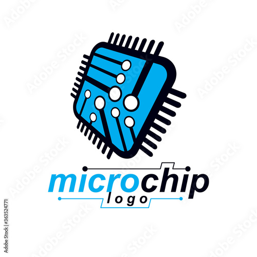 Vector microchip design, cpu. Information communication technology element, circuit board in square shape. Microprocessor scheme abstract logo.