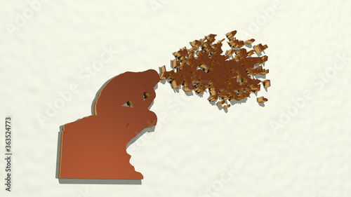 man with thoughts in letters from a perspective on the wall. A thick sculpture made of metallic materials of 3D rendering. concept and illustration
