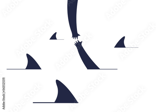 Help and empathy concept two hands helping one another to get out from sea full of sharks vector simple minimal illustration, care give aid, friendship understanding, support.