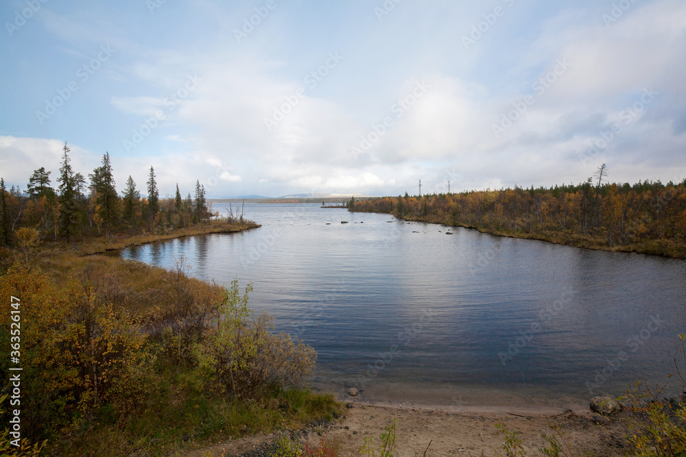 Terabika lake landscape in autumn season, Murmansk, Russia