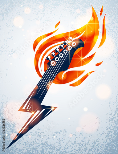 Electric guitar headstock on fire in a shape of lightning, hot rock music guitar in flames and bolt, Hard Rock or Rock and Roll concert or festival label, night club live show, vector logo.