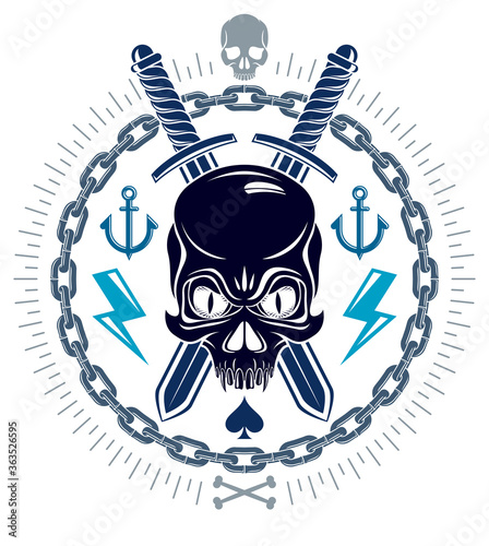 Aggressive skull pirate emblem Jolly Roger with weapons and other design elements, vector vintage style logo or tattoo dead head.