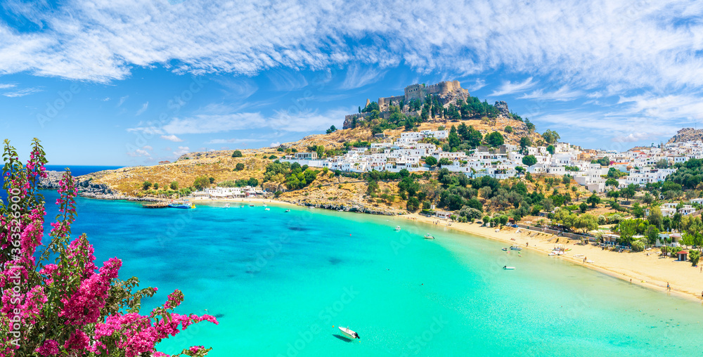 Landscape with beach and castle at Lindos village of  Rhodes, Greece