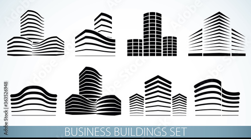 Futuristic buildings set, modern style vector architecture illustrations collection. Real estate realty business center designs. 3D business office facades in city. Can be used as a logos or icons.