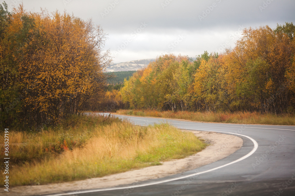 Road curve to Mountain in Autumn Season, Murmansk, Russia