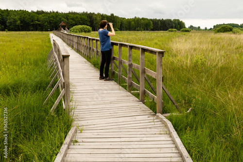 Boardwalk path and bridge through wetland grassy area. Female tourist watching nature using binoculars. Polesie National Park, Poland, Europe.