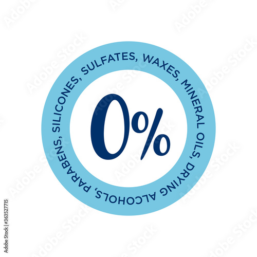 Zero percent sulfates, waxes, mineral oils, drying alcohols, parabens, silicones. Curly Girl Method (CGM) approved product symbol. Blue icon for hair products.