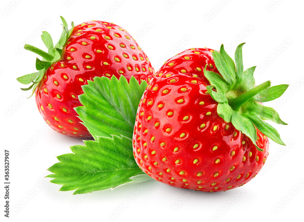 Strawberries isolated. Strawberry with leaf isolate. Whole two