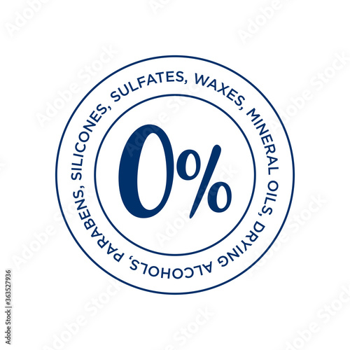 Zero percent sulfates, waxes, mineral oils, drying alcohols, parabens, silicones. Curly Girl Method (CGM) approved product symbol. Blue icon for hair products.
