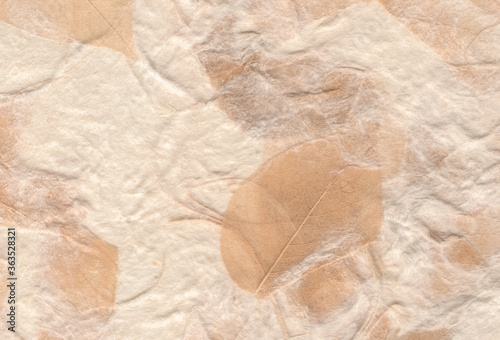 Close up view of hand crafted rough paper background with natural fibers and dried leave. Extra large highly detailed image. Recycled paper concept.