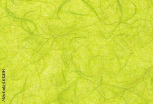 Close up view of hand crafted bright green mulberry paper background with inclusions of natural fibers. Extra large highly detailed image.