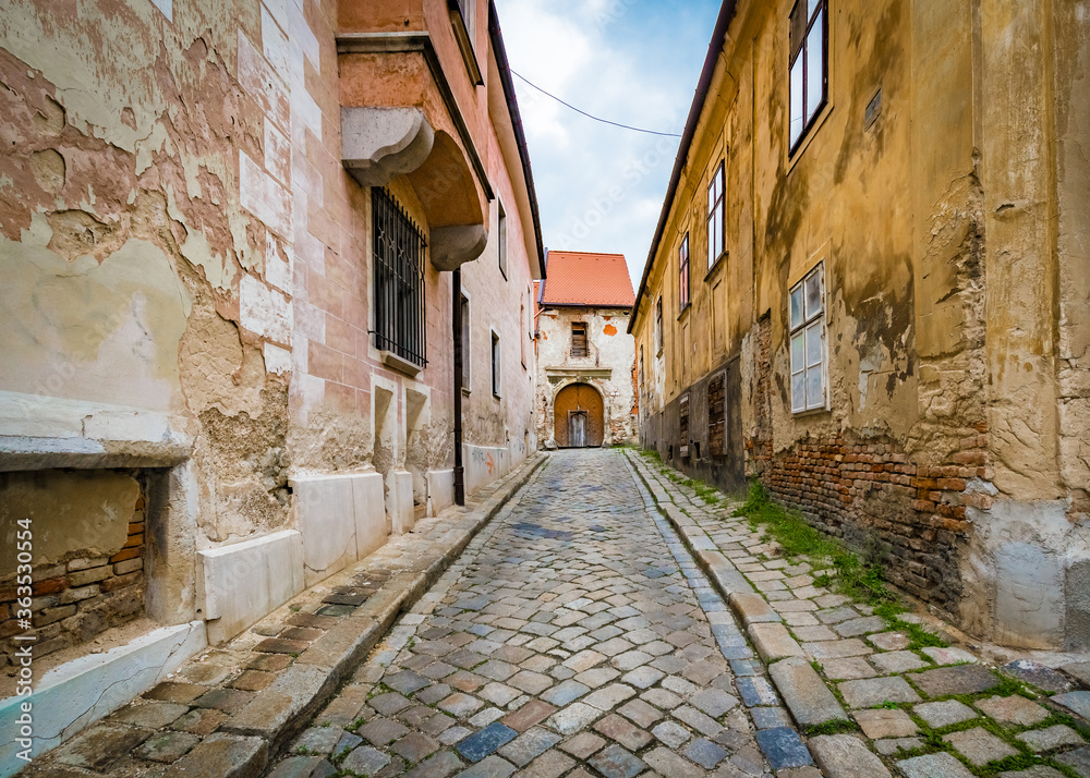 Narrow streets of the old town area in Bratislava, Slovakia.