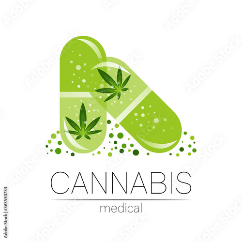 Cannabis in the 2 tablet pill capsule with seeds vector logotype for medicine and doctor. Medical marijuana symbol. Pharmaceuticals with plant and leaf for health. Concept sign of green herb. Green