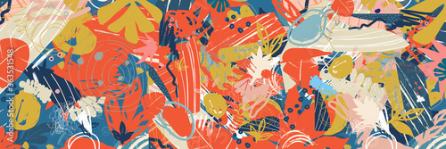 Colorful leaves and flowers poster background vector illustration. Exotic plants, branches, flowers and leaves art print for beauty and natural products, spa and wellness, fabric and fashion