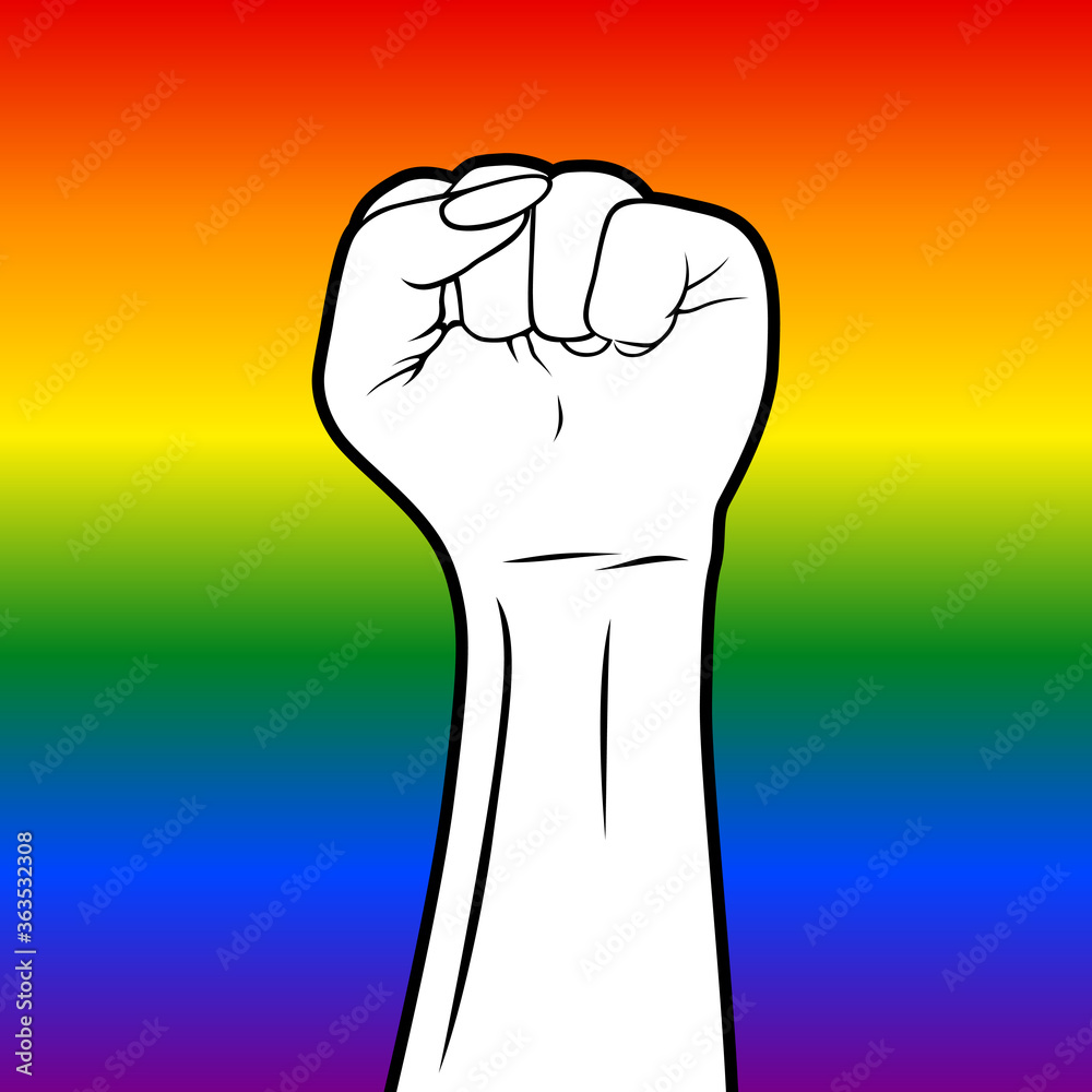 White raised fist with black outline on gradient background with lgbt flag colors. Depicting freedom, equality and same human rights for people of all sexual orientation and gender. Protest hand icon. White raised fist with black outline on gradient background with lgbt flag colors. Depicting freedom, equality and same human rights for people of all sexual orientation and gender. Protest hand icon.