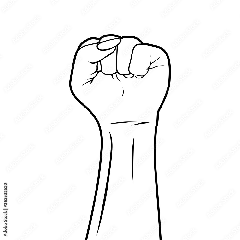 Raised fist. White with black outline. On white background. Isolated illustration. Depicting power, strengh, unity, equal human rights, lgbt pride, freedom, revolution and protest. Female arm gesture. Raised fist. White with black outline. On white background. Isolated illustration. Depicting power, strengh, unity, equal human rights, lgbt pride, freedom, revolution and protest. Female arm gesture.