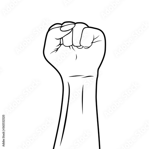 Raised fist. White with black outline. On white background. Isolated illustration. Depicting power, strengh, unity, equal human rights, lgbt pride, freedom, revolution and protest. Female arm gesture.