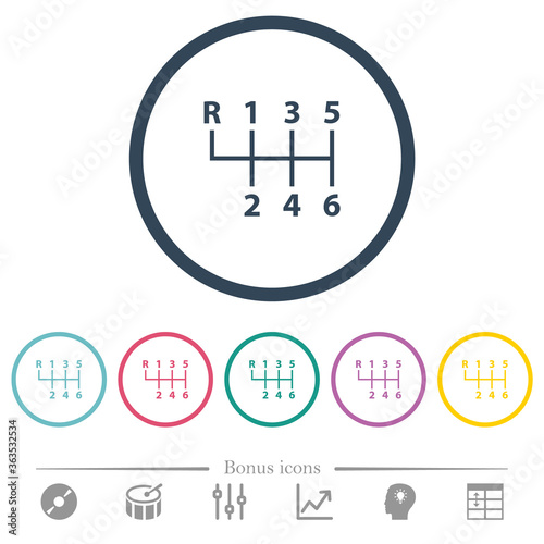 Six speed manual gear shift flat color icons in round outlines