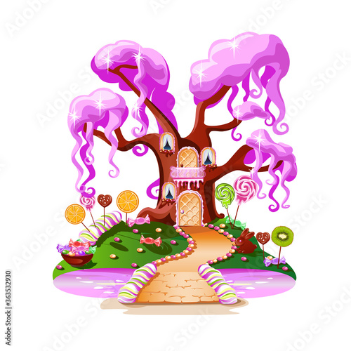 Sweet house on candy land. Fairytale house surrounded by sweets, candies and fruits. Pink river and a sweet bridge. Vector illustration on a white background.