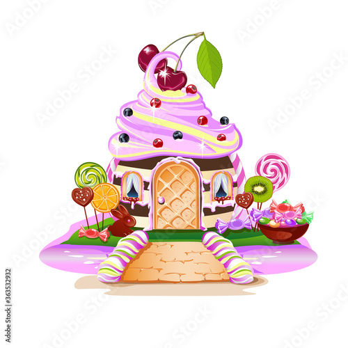 Sweet house on candy land. Fairytale house surrounded by sweets, candies and fruits. Pink river and a sweet bridge. Vector illustration on a white background.