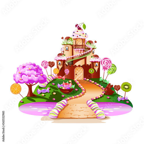 Sweet house on candy land. Fairytale house surrounded by sweets, candies and fruits. Pink river and a sweet bridge. Vector illustration on a white background.