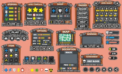Platform Game User Interface For Tablet, Illustration of a platform game user interface, in cartoon style with basic buttons and icons for tablet pc