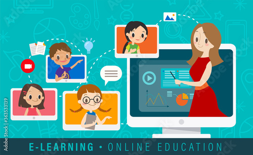 E-learning online education concept illustration. Online teacher on computer monitor. Kids studying at home via internet.
