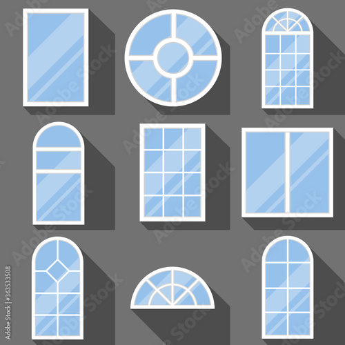 Windows, a set of realistic white windows isolated on a dark background with shadows. Vector, cartoon illustration.