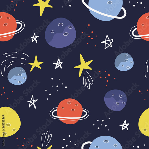 Fototapeta Naklejka Na Ścianę i Meble -  Space, cosmos. Seamless illustration of space with rockets, planets and stars. Scandinavian style background, hand drawing. Children s Wallpaper, textiles, texture design