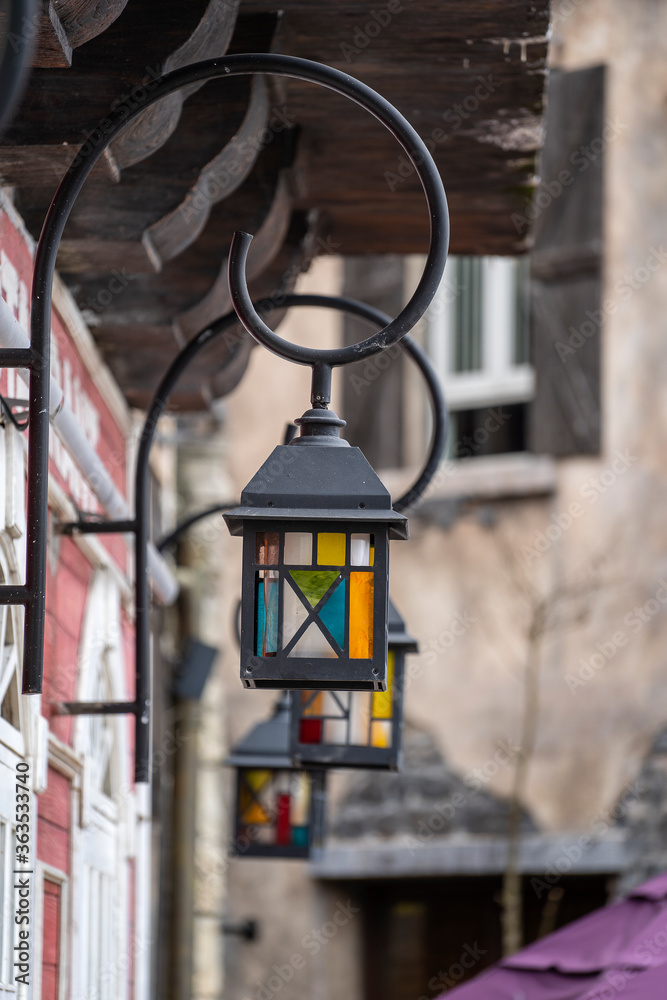 Street lamps with retro design on the street in a mountain village near the city of Da Nang, Vietnam