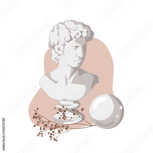 Man sculpture, white sphere and dry flower composition.