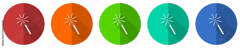Magic wand icon set, red, blue, green and orange flat design web buttons isolated on white background, vector illustration Magic wand icon set, red, blue, green and orange flat design web buttons isolated on white background, vector illustration