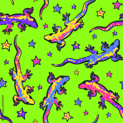 Seamless vector pattern with lizards and stars on green background. Cute animal wallpaper design for children.   Fun gecko fashion textile.