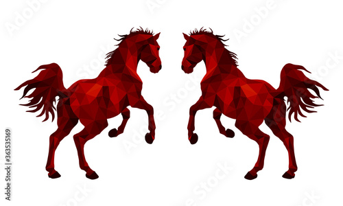two red horses gallop, isolated image on a white background in the style of low poly