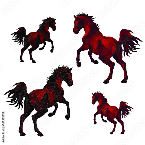 set of four galloping horses, isolated image on a white background in the style of low poly