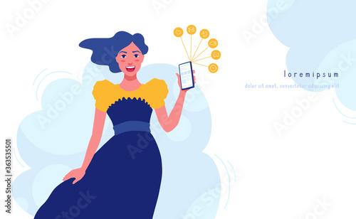 A cute girl standing, showing a screen of a smartphone in her hand, smiling. Mobile phone advertise. A woman showing a phone display. Banner advertisement template with copy space for text.