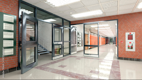 School hall and corridor interior. 3d illustration
