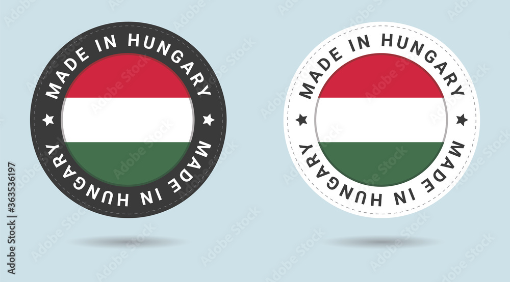 Set of two Hungarian stickers. Made in Hungary. Simple icons with flags. Set of two Hungarian stickers. Made in Hungary. Simple icons with flags.