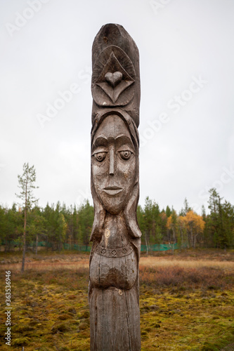 Alley of majestic idols at Sami Village, Murmansk, Russia, the four idola of elements (fire, earth, water, air ) and five majestic idols of love, happiness, luck, fate and health