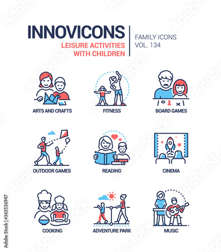 Leisure activities for children - line design style icons set