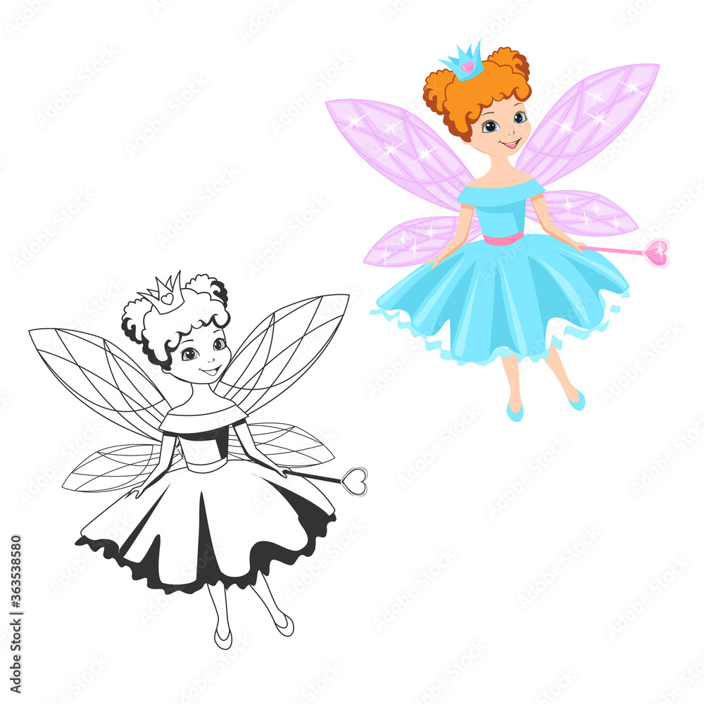 Beautiful princess in a crown and a puffy dress and outlined picture for coloring book on white background. Cute little fairy girl. Vector illustration.