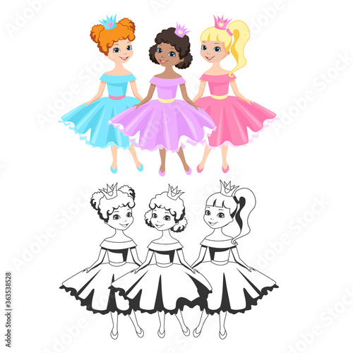 Beautiful princess in a crown and a puffy dress and outlined picture for coloring book on white background. Cute little fairy girl. Vector illustration.
