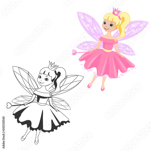 Beautiful princess in a crown and a puffy dress and outlined picture for coloring book on white background. Cute little fairy girl. Vector illustration.