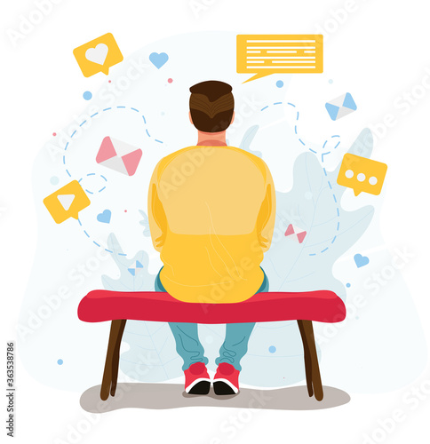 Man in yellow t-shirt and blue pants sits on a bench wit. Different social media icons. Back view. Vector stock illustration in flat cartoon character style isolated on white background. 